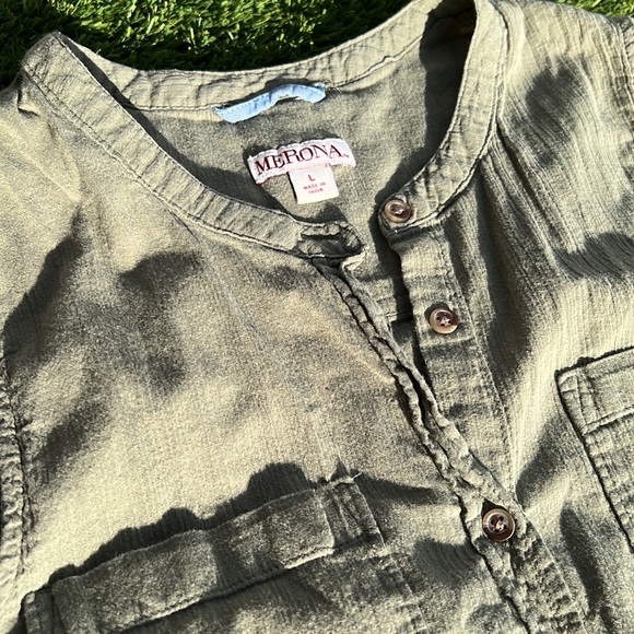 Olive Green Extra Long Button Up Blouse - Picture 2 of 3